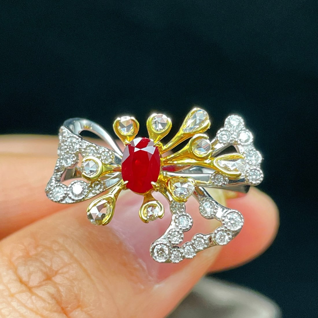 14k Gold 1.64 Ctw Natural Ruby & Diamond Ring: Ref:231138214 // gold content:14k gold // ring size:7. 25us // // main gemstone:ruby // shape:oval // carat weight:0. 62ct // color:red // treatment:natural // // adjacent gemstone 2 : diamond // shap