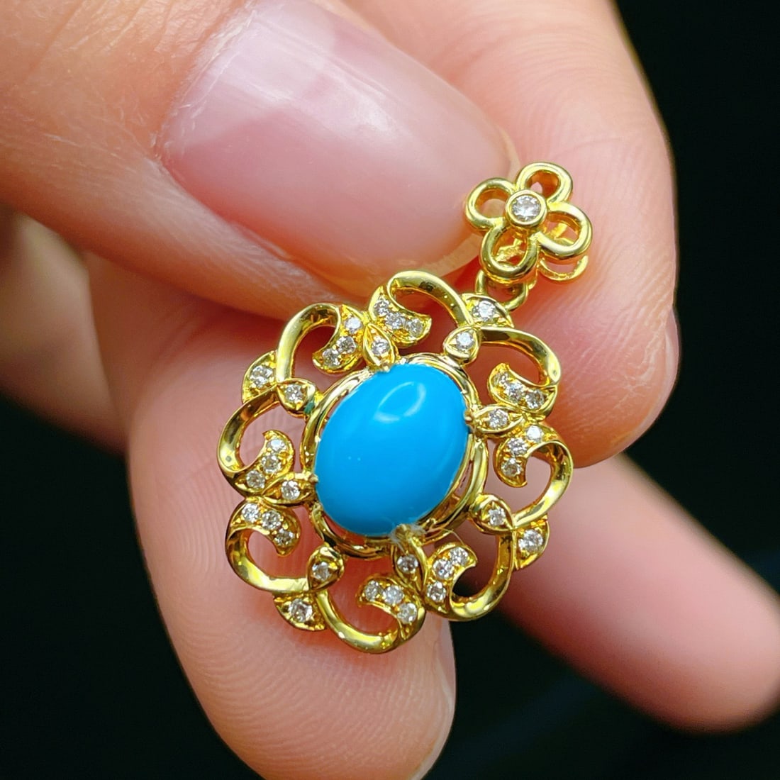 14k Gold 1.04 Ctw Natural Blue Turquoise & Diamond Pendant( Without Chain ) - 3