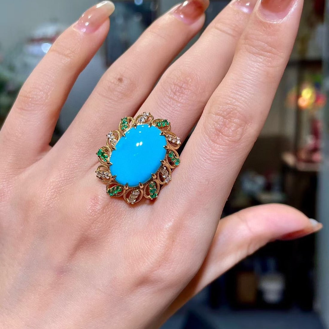 14k Gold 9.28 Ctw Natural Blue Turquoise & Emerald Ring - 2