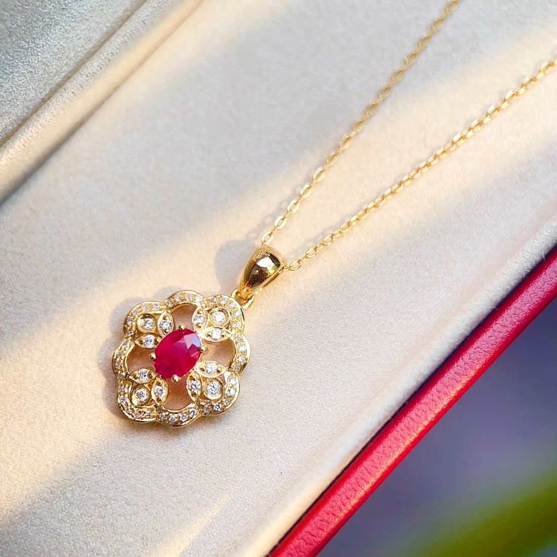 14k Gold 0.44 Ct Natural Ruby & Diamond Pendant( Without Chain ) - 2