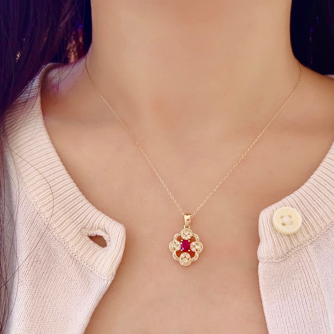 14k Gold 0.44 Ct Natural Ruby & Diamond Pendant( Without Chain ) - 6