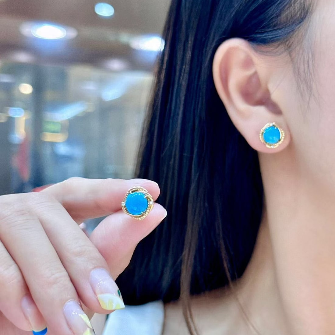 14k Gold 2.65 Ct Natural Blue Turquoise & Diamond Earrings - 4