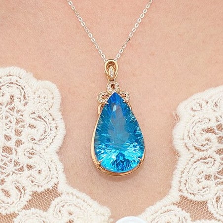 14k Gold 24 Ct Natural Topaz & Diamond Pendant( Without Chain ) - 8