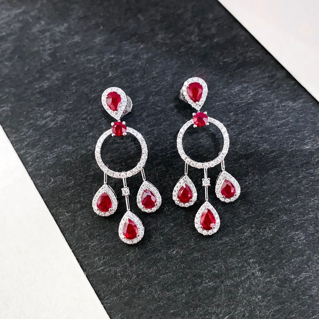14k Gold 2.23 Ctw Vivid Red Natural Ruby & Diamond Earrings: Ref:231138245 // gold content:14k gold // main gemstone:ruby // shape:multiple // carat weight:1. 68ct // color:vivid red // treatment:natural // // adjacent gemstone 2 : diamond // shape:round //