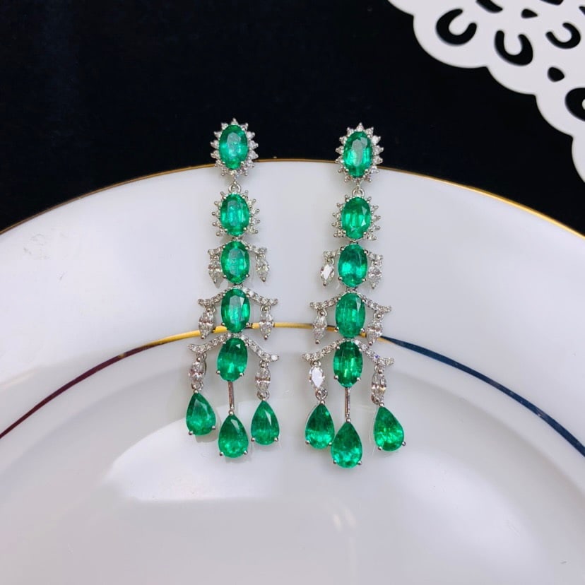 14k Gold 6.82 Ctw Natural Emerald & Diamond Earrings: Ref:231138249 // gold content:14k gold // main gemstone:emerald // shape:multiple // carat weight:5. 68ct // color:green // treatment:natural // // adjacent gemstone 2 : diamond // shape:marquise