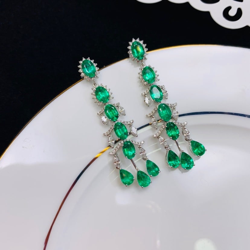 14k Gold 6.82 Ctw Natural Emerald & Diamond Earrings - 2