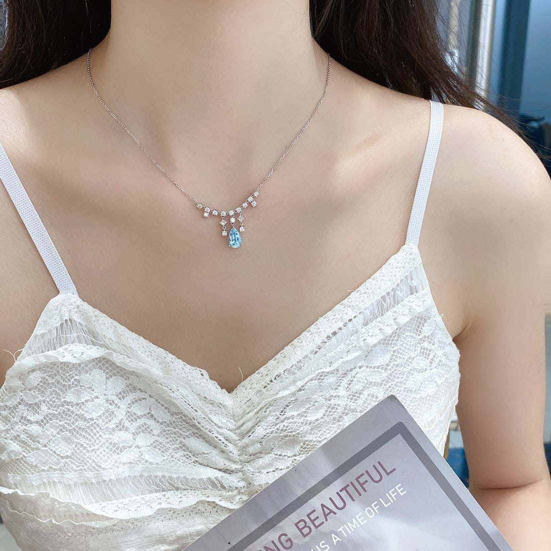 14k Gold 2.10 Ctw Natural Aquamarine & Diamond Necklace - 6