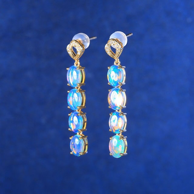 14k Gold 3.41 Ctw Natural Opal & Diamond Earrings - 2
