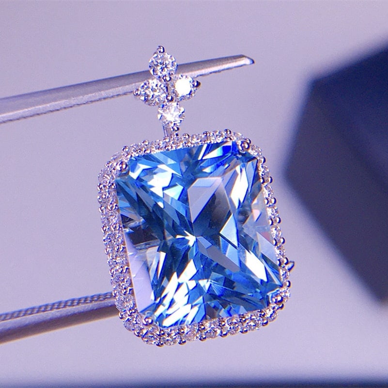 14k Gold 4.5 Ct Natural Aquamarine & Diamond Pendant( Without Chain ) - 6