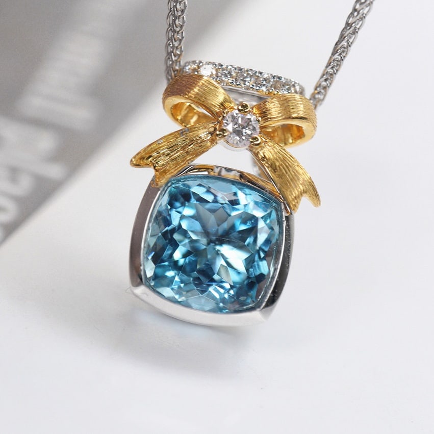 14k Gold 1.50 Ctw Natural Aquamarine & Diamond Pendant( Without Chain ) - 4