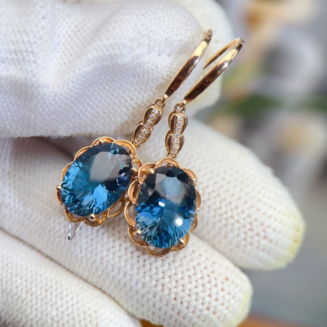 14k Gold 9.64 Ctw Natural Topaz & Diamond Earrings - 4