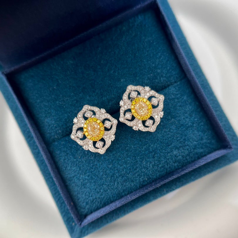 14k Gold 0.61 Ct Natural Yellow Diamond & Diamond Earrings - 2