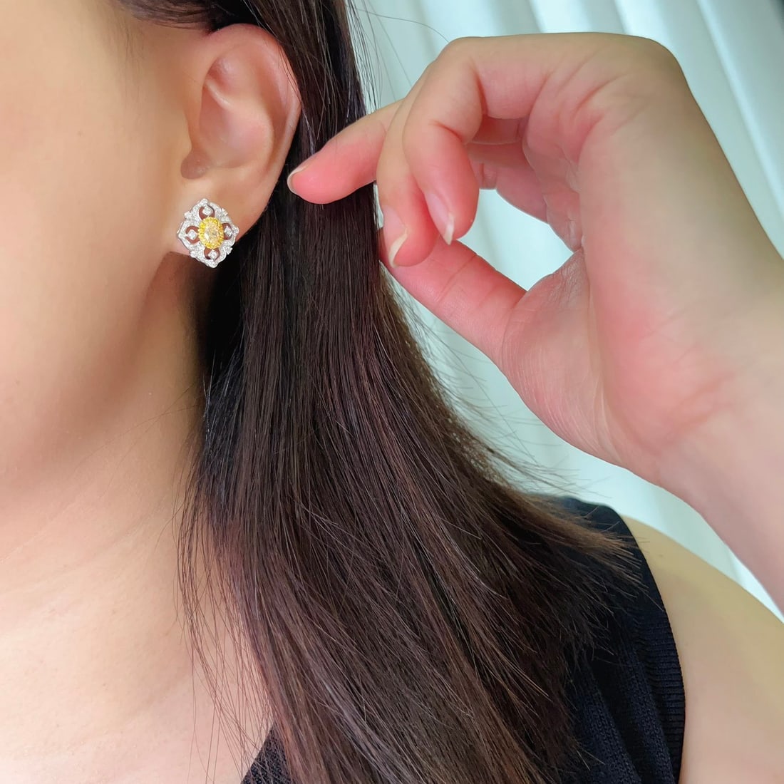 14k Gold 0.61 Ct Natural Yellow Diamond & Diamond Earrings - 4