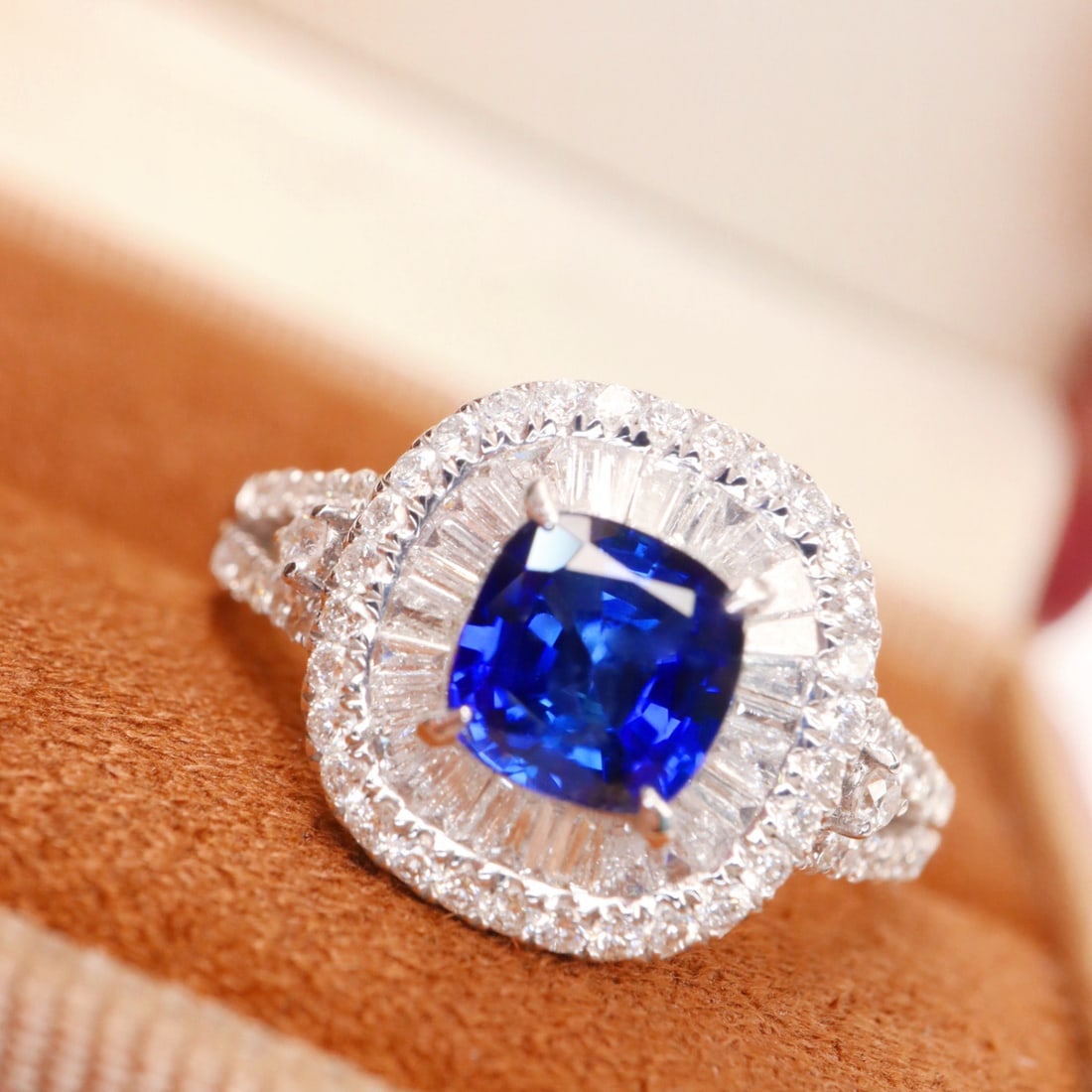 14k Gold 1.91 Ctw Natural Sapphire & Diamond Ring: Ref:231138364 // gold content:14k gold // ring size:7. 25us // // main gemstone:sapphire // shape:cushion // carat weight:1. 10ct // color:blue // treatment:natural // // adjacent gemstone 2 :