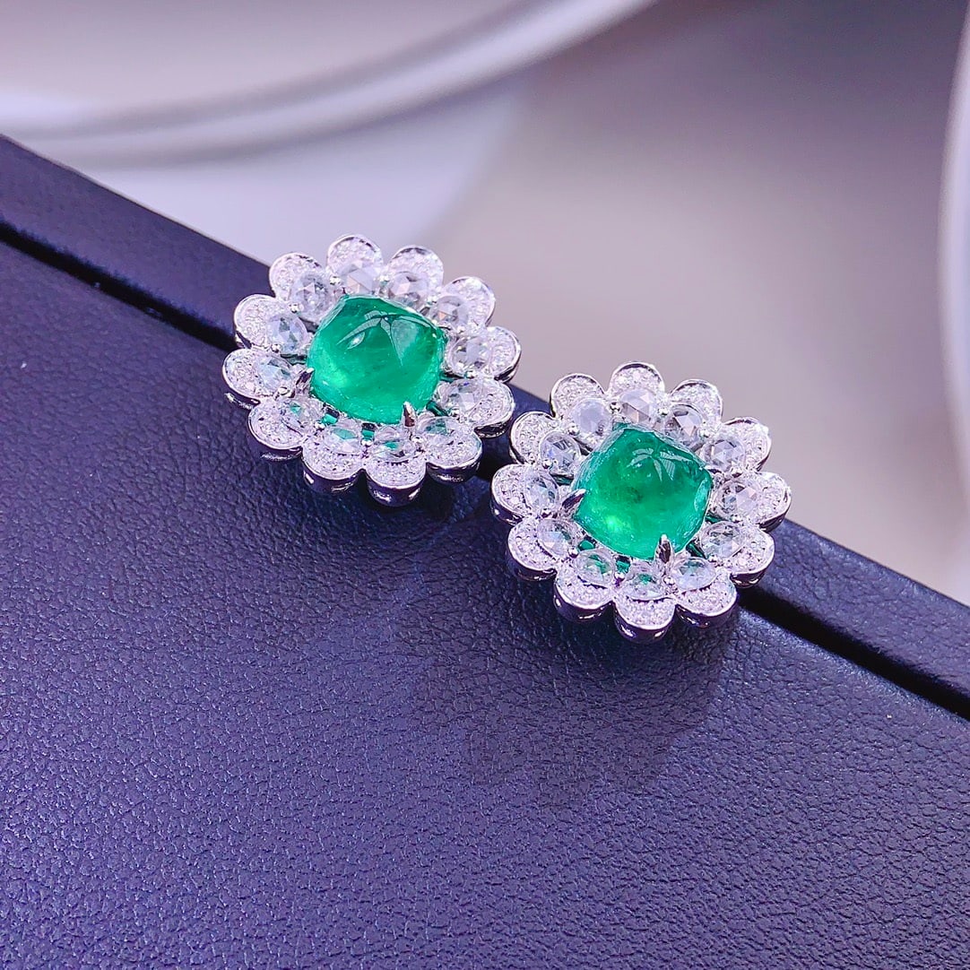 14k Gold 4.9 Ct Natural Emerald & Diamond Earrings - 5