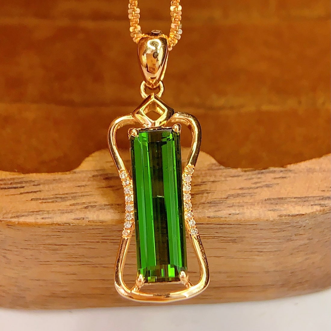 14k Gold 2 Ct Natural Tourmaline & Diamond Pendant( Without Chain ) - 2