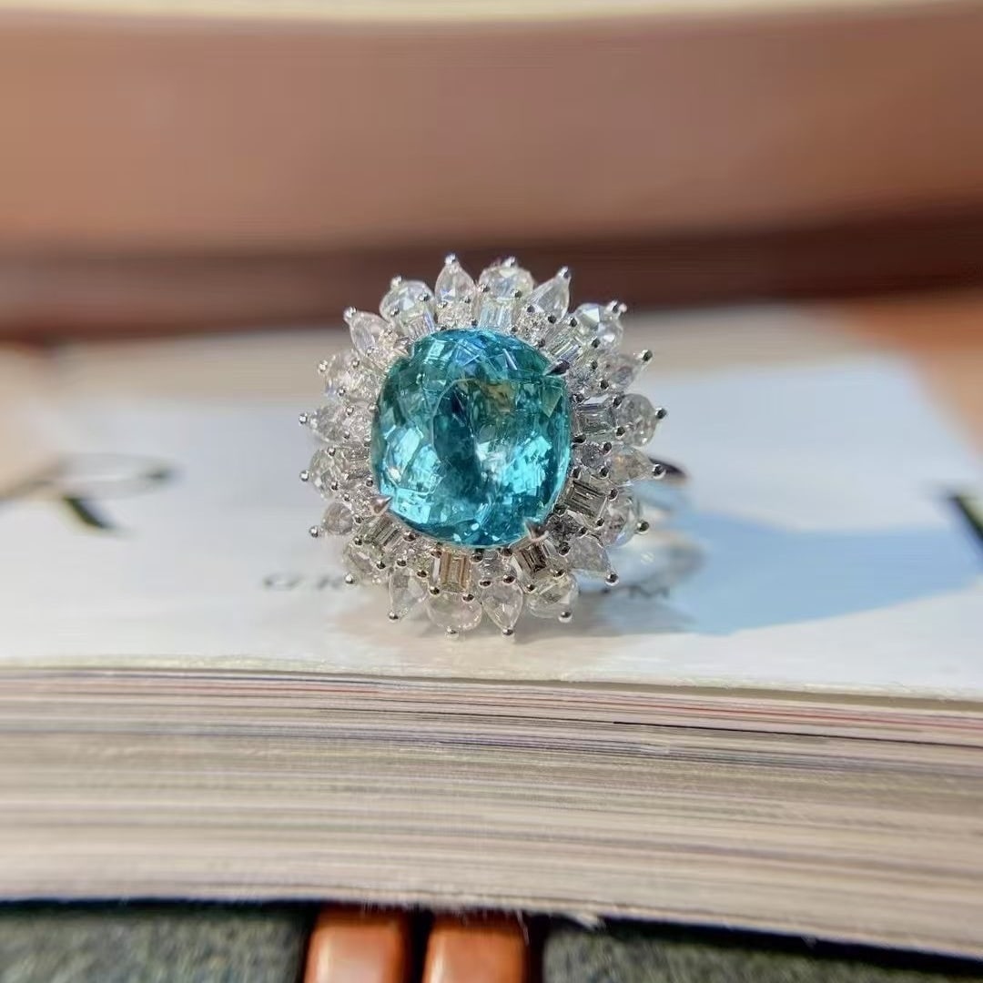 14k Gold 3.84 Ctw Natural Paraiba Tourmaline & Diamond Ring - 2