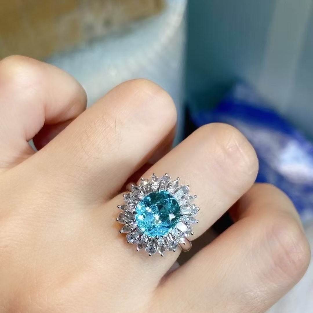 14k Gold 3.84 Ctw Natural Paraiba Tourmaline & Diamond Ring - 3