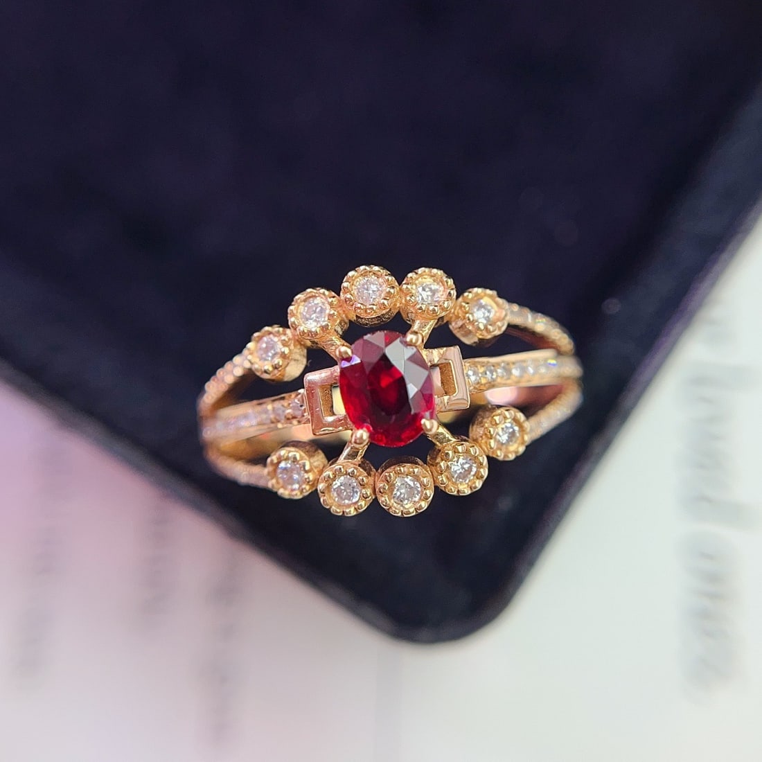 14k Gold 0.50 Ct Vivid Red Natural Ruby & Diamond Ring: Ref:231138409 // gold content:14k gold // ring size:7. 25us // // main gemstone:ruby // shape:oval // carat weight:0. 50ct // color:vivid red // treatment:natural // // adjacent gemstone 2 : diamond /