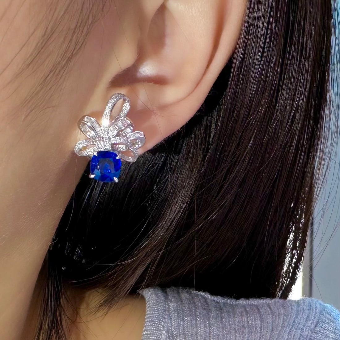 14k Gold 4.28 Ctw Natural Sapphire & Diamond Earrings - 2