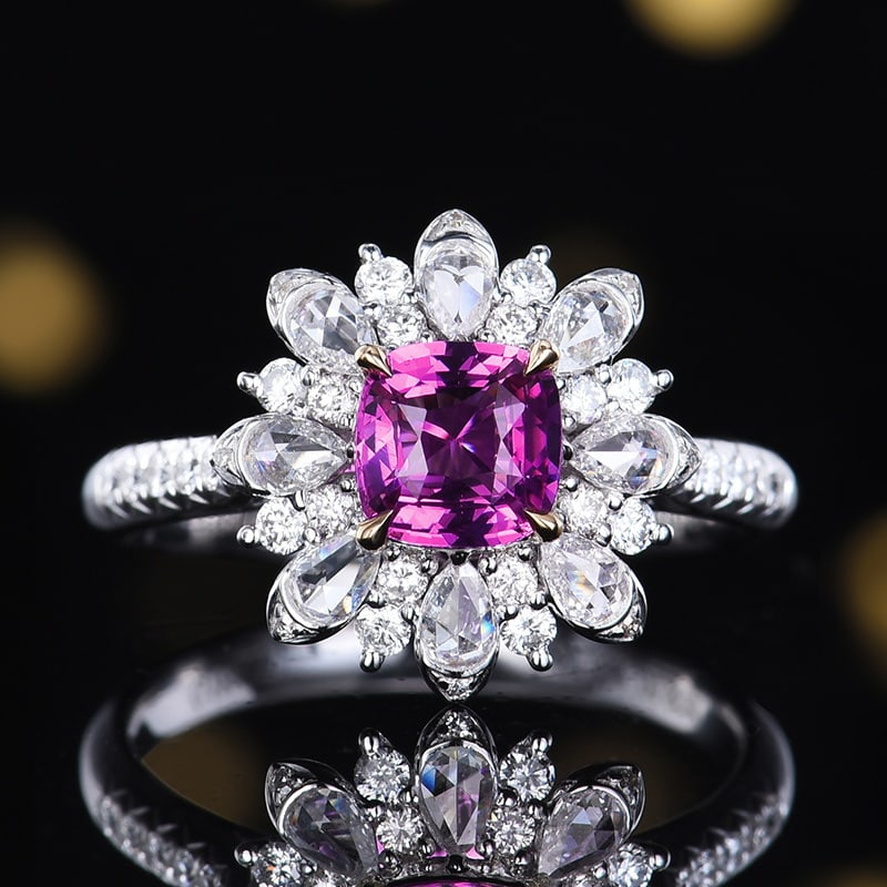 14k Gold 1.75 Ctw Natural Sapphire & Diamond Ring: Ref:231138412 // gold content:14k gold // ring size:7. 25us // // main gemstone:sapphire // shape:cushion // carat weight:1. 09ct // color:pink // treatment:natural // // adjacent gemstone 2 : diamond