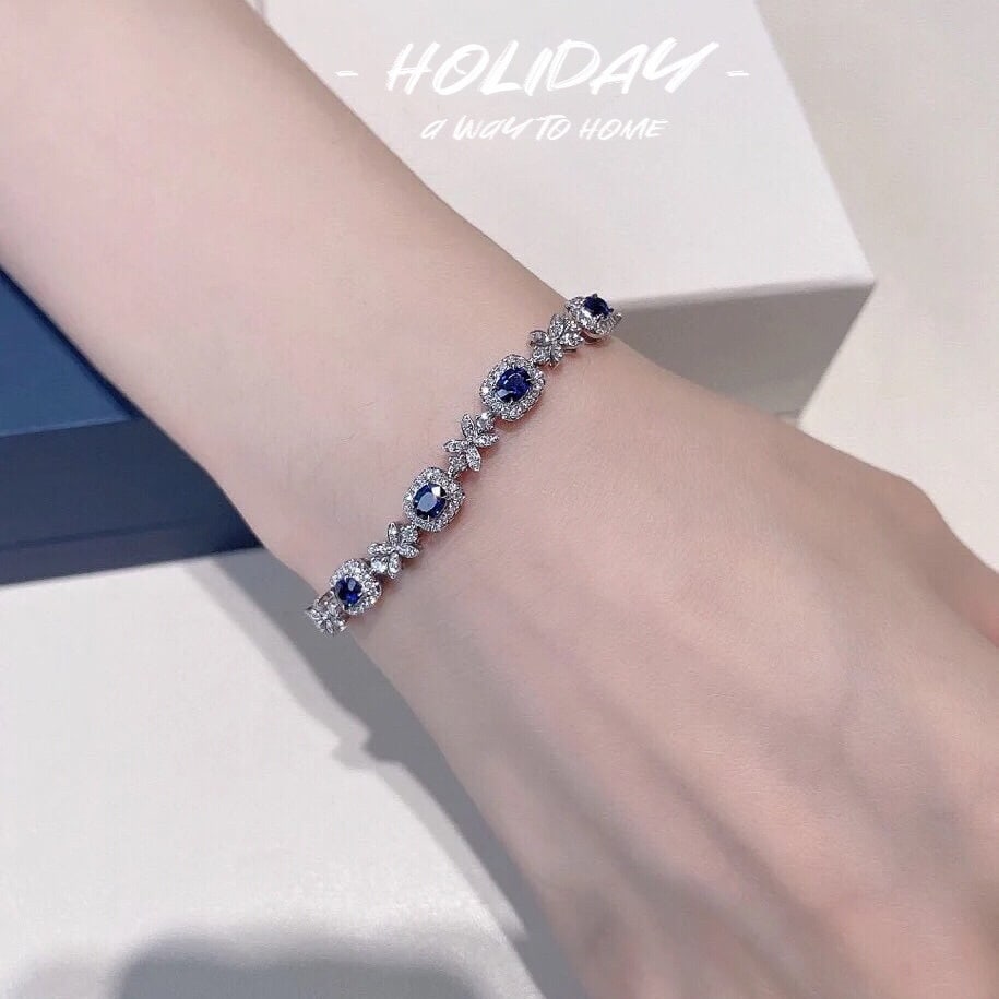 14k Gold 3.54 Ctw Natural Sapphire & Diamond Bracelet - 7