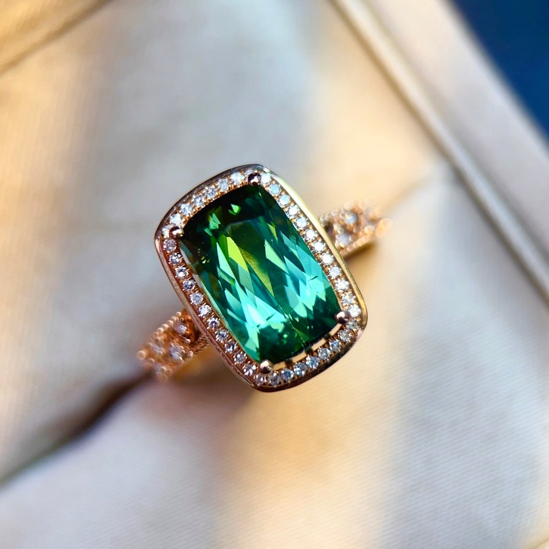 14k Gold 3.07 Ctw Natural Tourmaline & Diamond Ring: Ref:231138429 // gold content:14k gold // ring size:7. 25us // // main gemstone:tourmaline // shape:cushion // carat weight:2. 9ct // color:green // treatment:natural // // adjacent gemstone 2 :