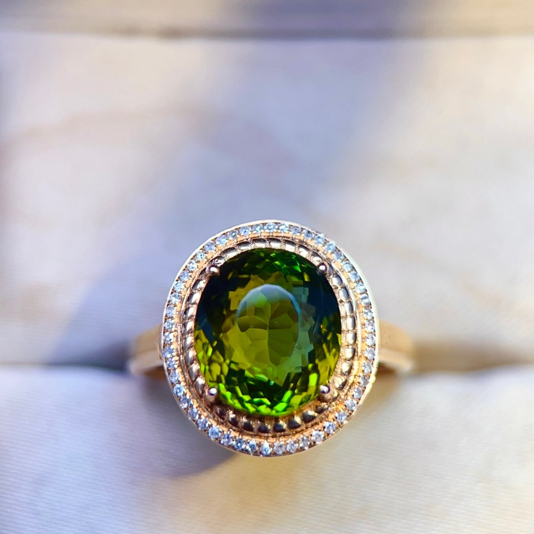 14k Gold 5.05 Ctw Natural Tourmaline & Diamond Ring: Ref:231138433 // gold content:14k gold // ring size:7. 25us // // main gemstone:tourmaline // shape:oval // carat weight:4. 9ct // color:green // treatment:natural // // adjacent gemstone 2 :