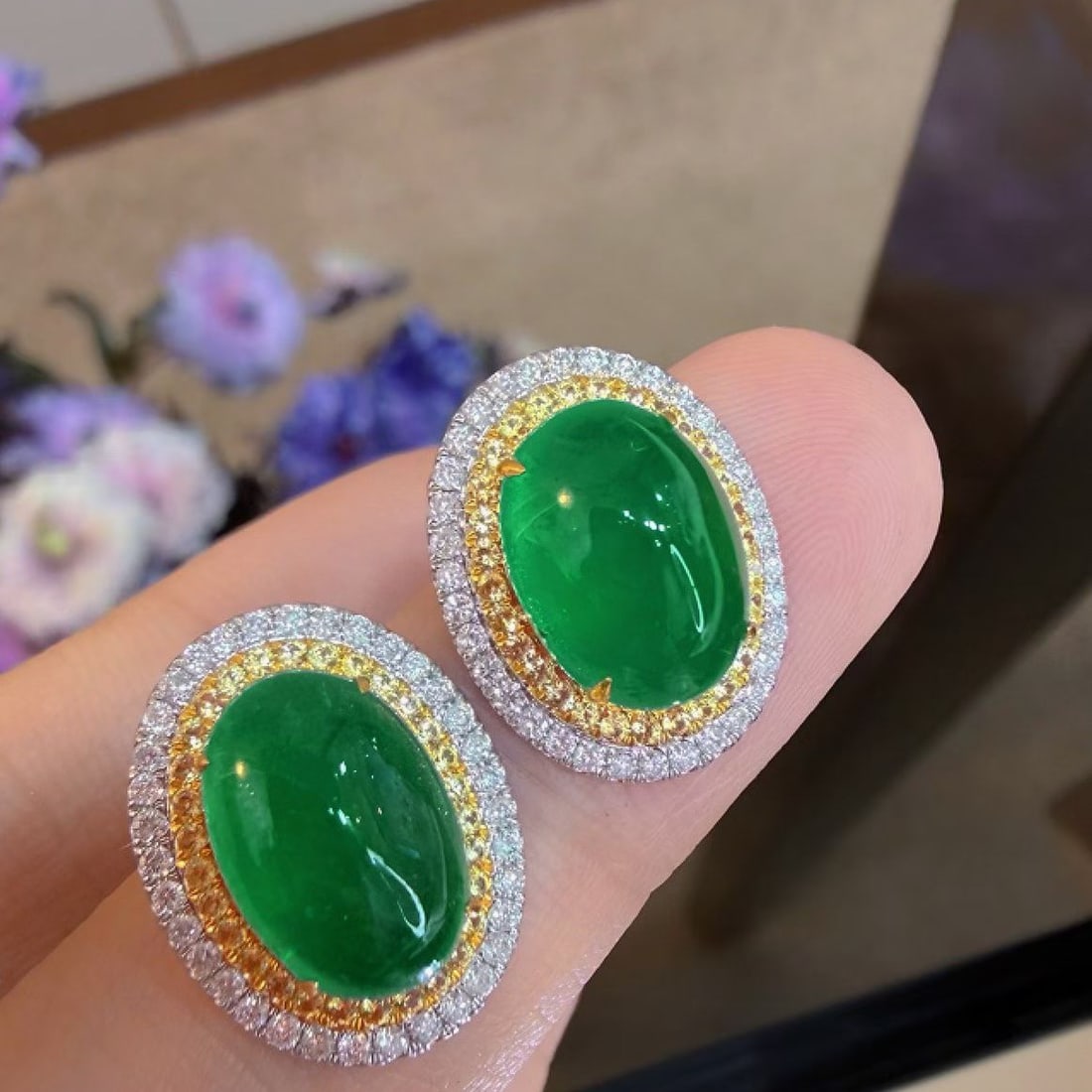 14k Gold 6.15 Ct Natural Emerald & Diamond Earrings - 4