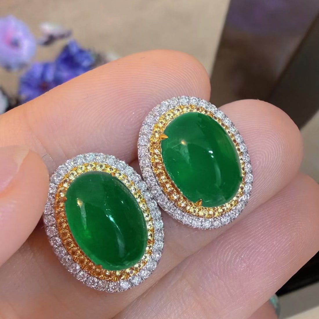 14k Gold 6.15 Ct Natural Emerald & Diamond Earrings - 5