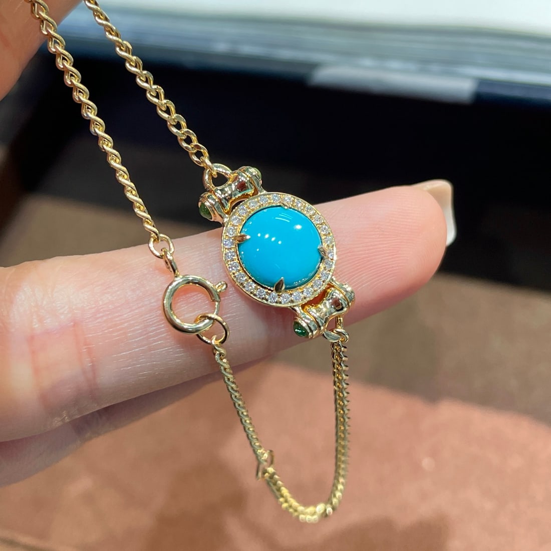 14k Gold 1.4 Ct Natural Blue Turquoise & Diamond & Emerald Bracelet - 2