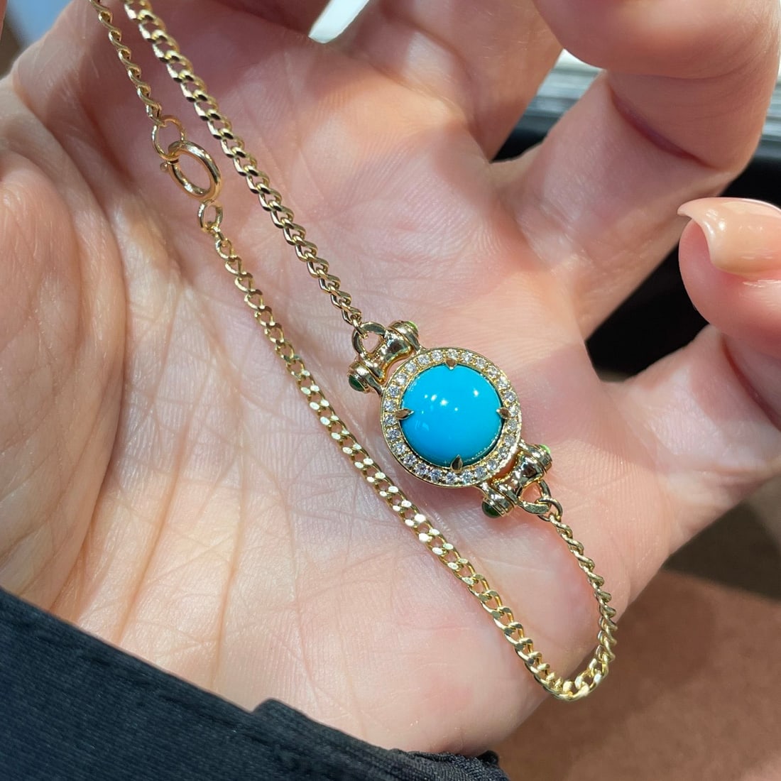 14k Gold 1.4 Ct Natural Blue Turquoise & Diamond & Emerald Bracelet - 4