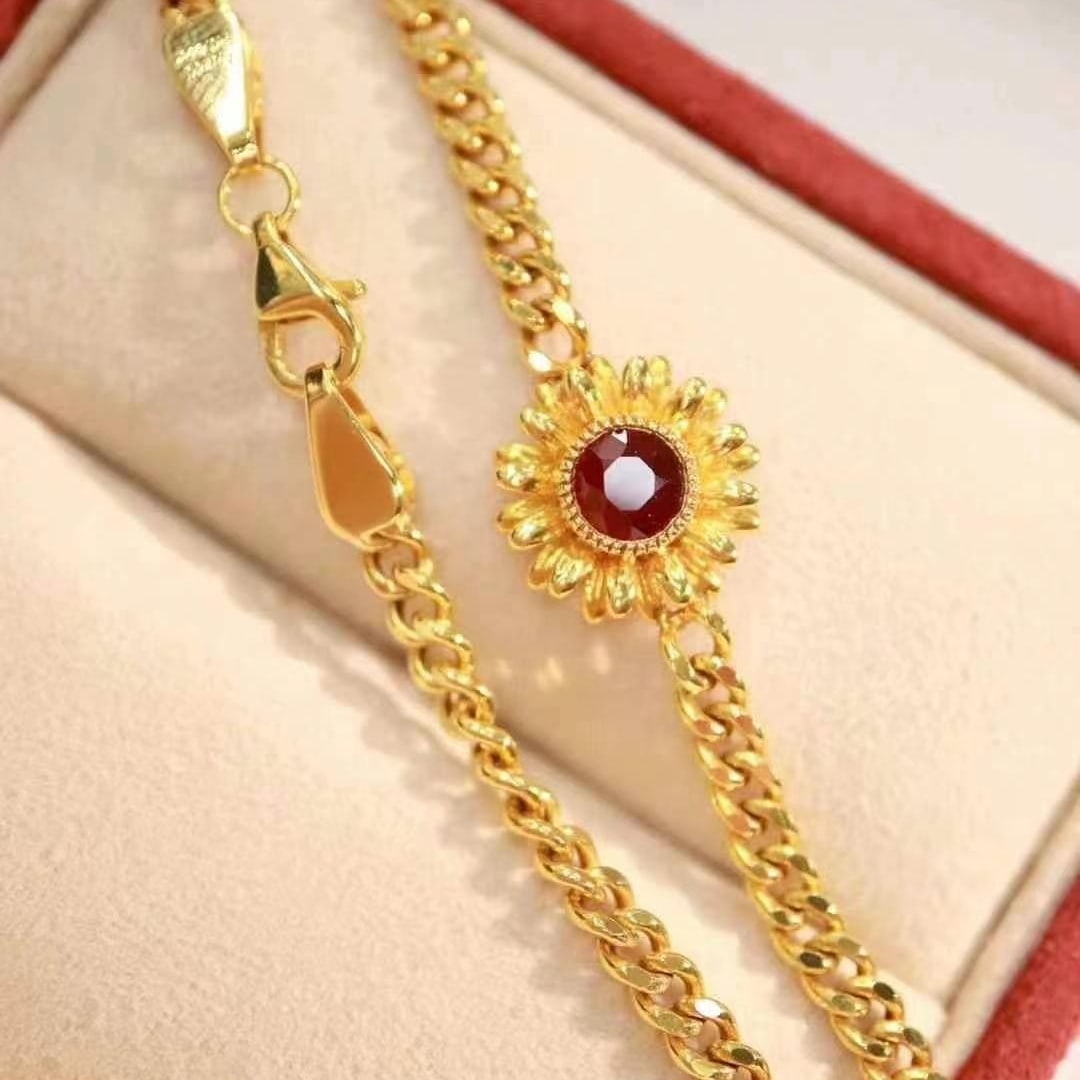 14k Gold 0.64 Ct Natural Ruby & Flowers Bracelet - 2