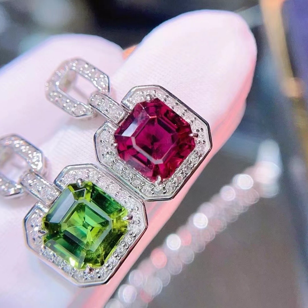 14k Gold 5.78 Ct Natural Tourmaline & Diamond Earrings - 2