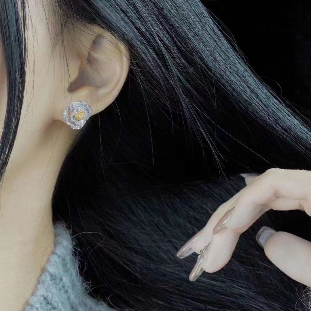 14k Gold 1.2 Ct Natural Color Diamond & Flowers Earrings - 5