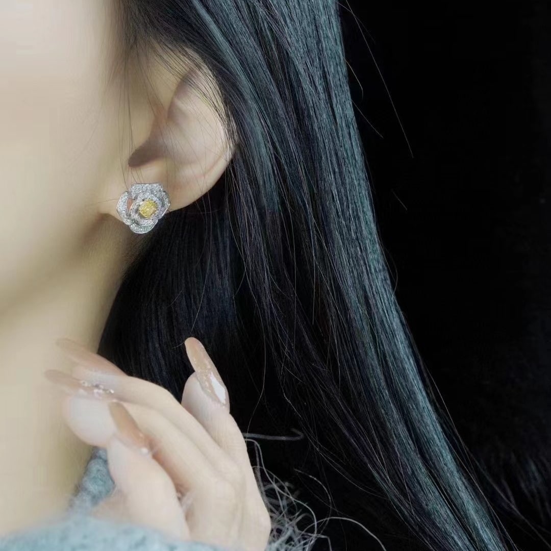 14k Gold 1.2 Ct Natural Color Diamond & Flowers Earrings - 6