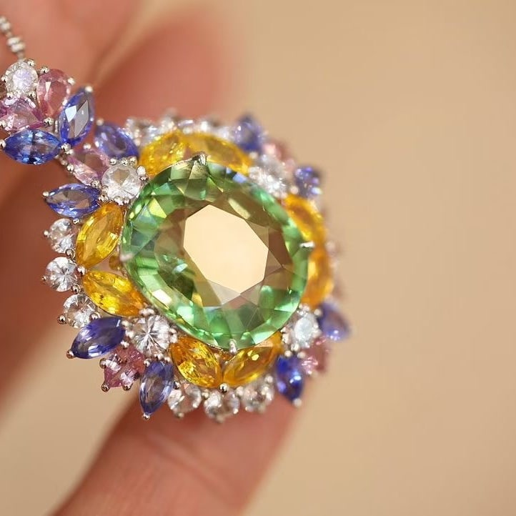 14k Gold 10 Ct Natural Tourmaline & Diamond & Sapphire Pendant( Without Chain ) - 2