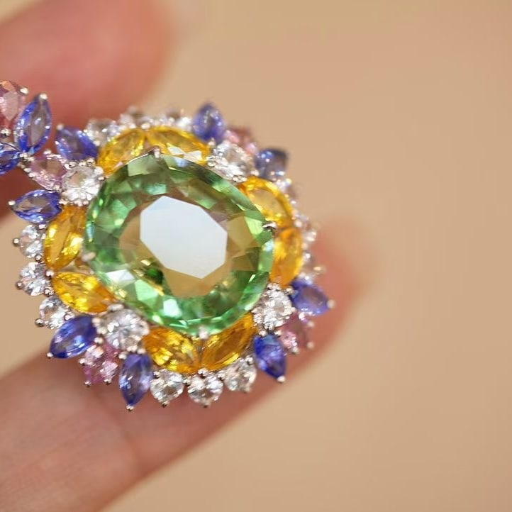 14k Gold 10 Ct Natural Tourmaline & Diamond & Sapphire Pendant( Without Chain ) - 3