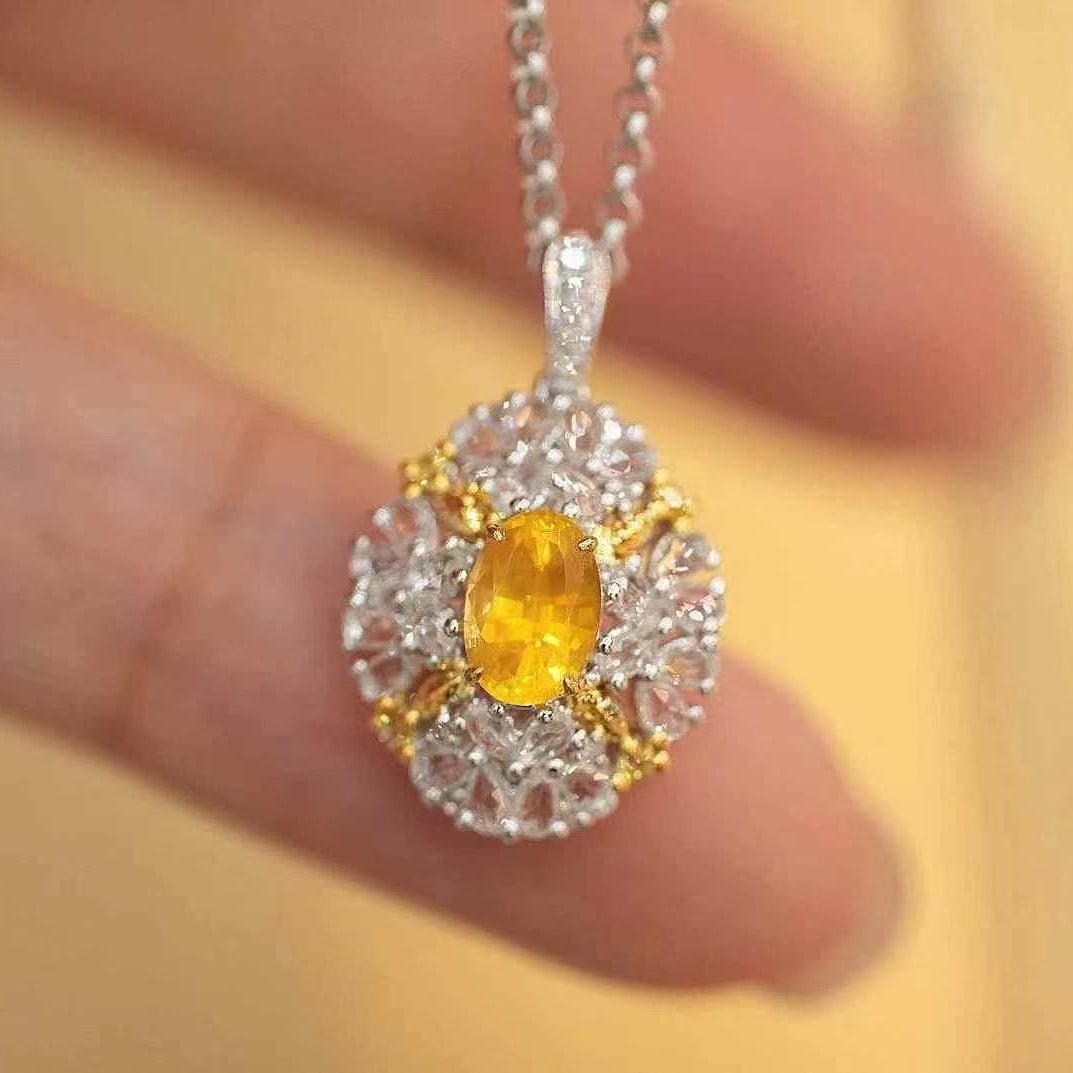 14k Gold 0.7 Ct Natural Sapphire & Sapphire & Diamond Pendant( Without Chain ): Ref:230949046 // gold content:14k gold // main gemstone:sapphire // shape:oval // carat weight:0. 7ct // color:yellow // treatment:natural // // adjacent gemstone 2 : sapphire // shape:multiply //