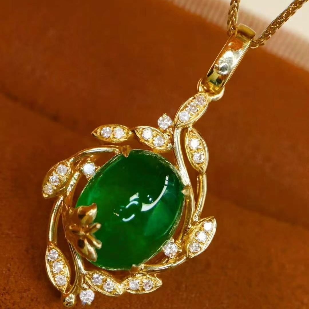 14k Gold 3.78 Ctw Vivid Green Natural Emerald & Diamond Pendant( Without Chain ): Ref:230949063 // gold content:14k gold // main gemstone:emerald // shape:oval // carat weight:3. 62ct // color:vivid green // treatment:natural // // adjacent gemstone 2 : diamond // shape:round //