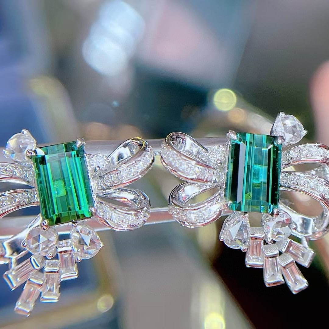 14k Gold 3.08 Ct Natural Tourmaline & Diamond Earrings - 3