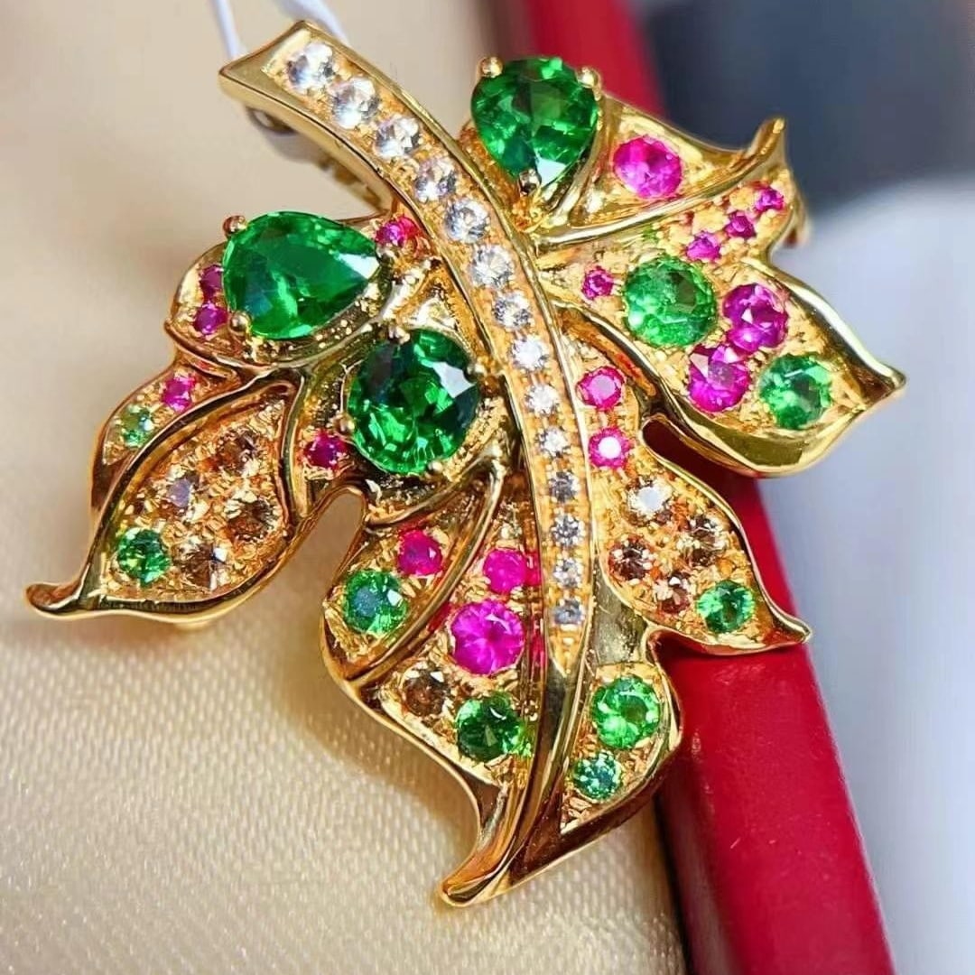 14k Gold 1.1 Ct Natural Tsavorite & Ruby & Sapphire Brooch/pendant( Without Chain ) - 3