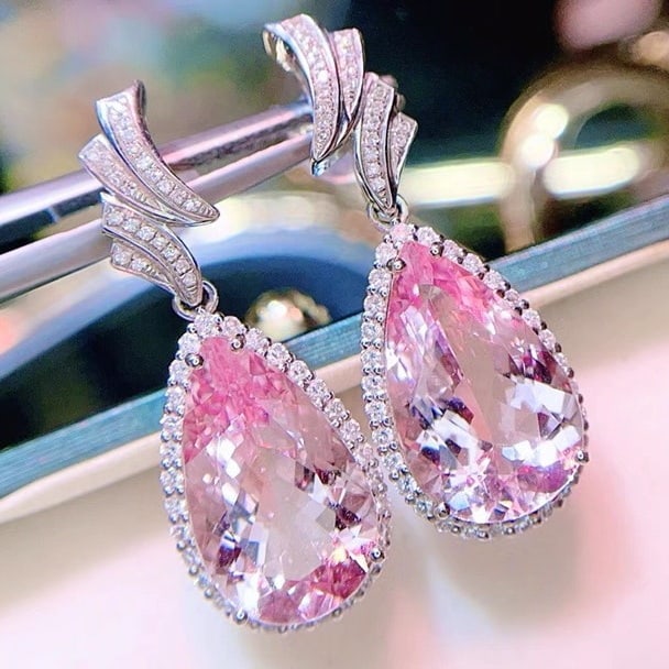 14k Gold 9.5 Ct Natural Morganite & Diamond Earrings - 2