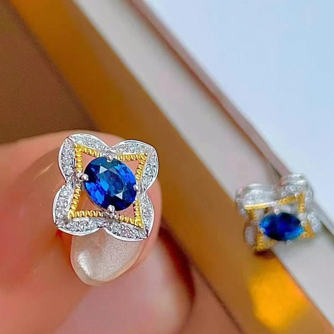 14k Gold 1.38 Ct Natural Sapphire & Diamond Earrings - 2