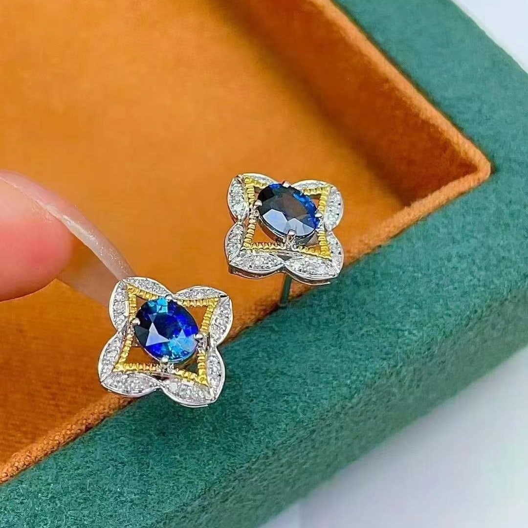 14k Gold 1.38 Ct Natural Sapphire & Diamond Earrings - 4