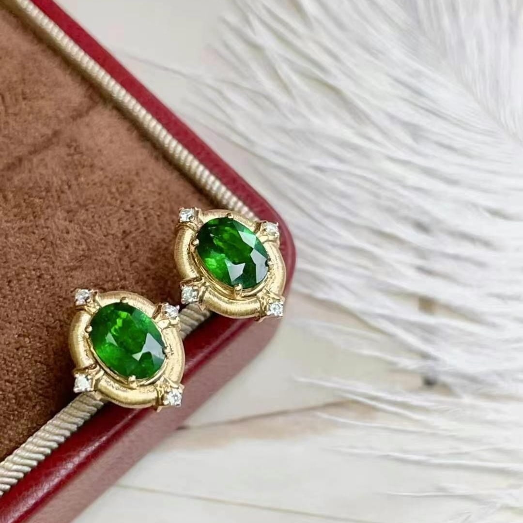 14k Gold 2.42 Ct Vivid Green Natural Tsavorite & Diamond Earrings - 3