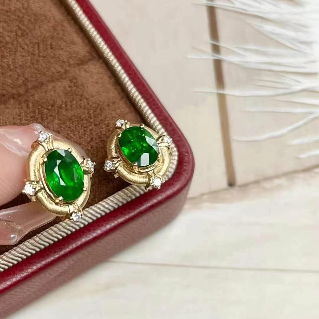 14k Gold 2.42 Ct Vivid Green Natural Tsavorite & Diamond Earrings - 5