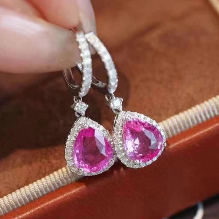 14k Gold 4.09 Ctw Natural Sapphire & Diamond Earrings: Ref:230949215 // gold content:14k gold // main gemstone:sapphire // shape:pear // carat weight:3. 62ct // color:pink // treatment:natural // // adjacent gemstone 2 : diamond // shape:round // carat we