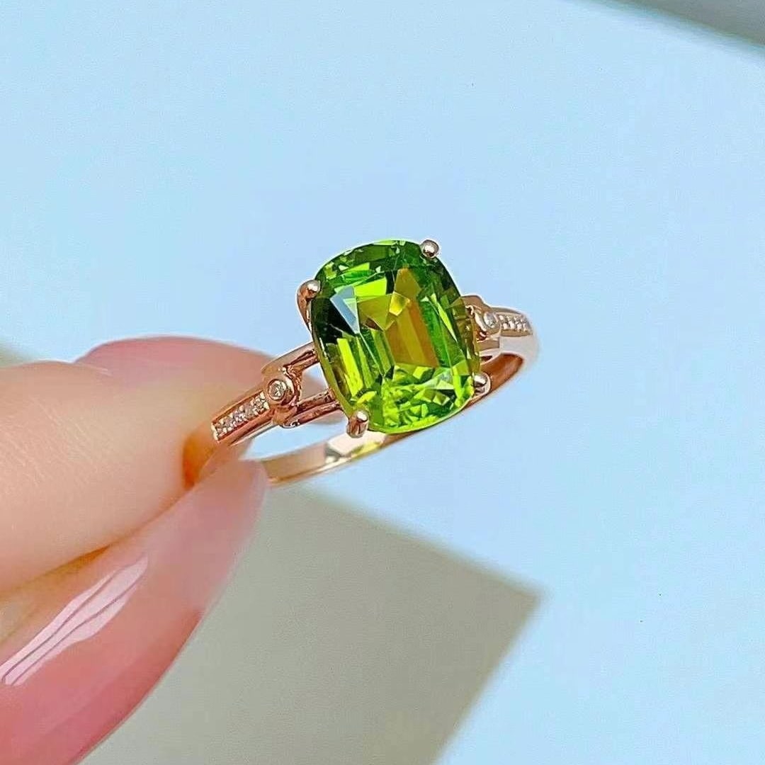 14k Gold 2.48 Ct Natural Tourmaline & Diamond Ring: Ref:230949222 // gold content:14k gold // ring size:7. 25us // // main gemstone:tourmaline // shape:cushion // carat weight:2. 48ct // color:green // treatment:natural // // adjacent gemstone 2 :