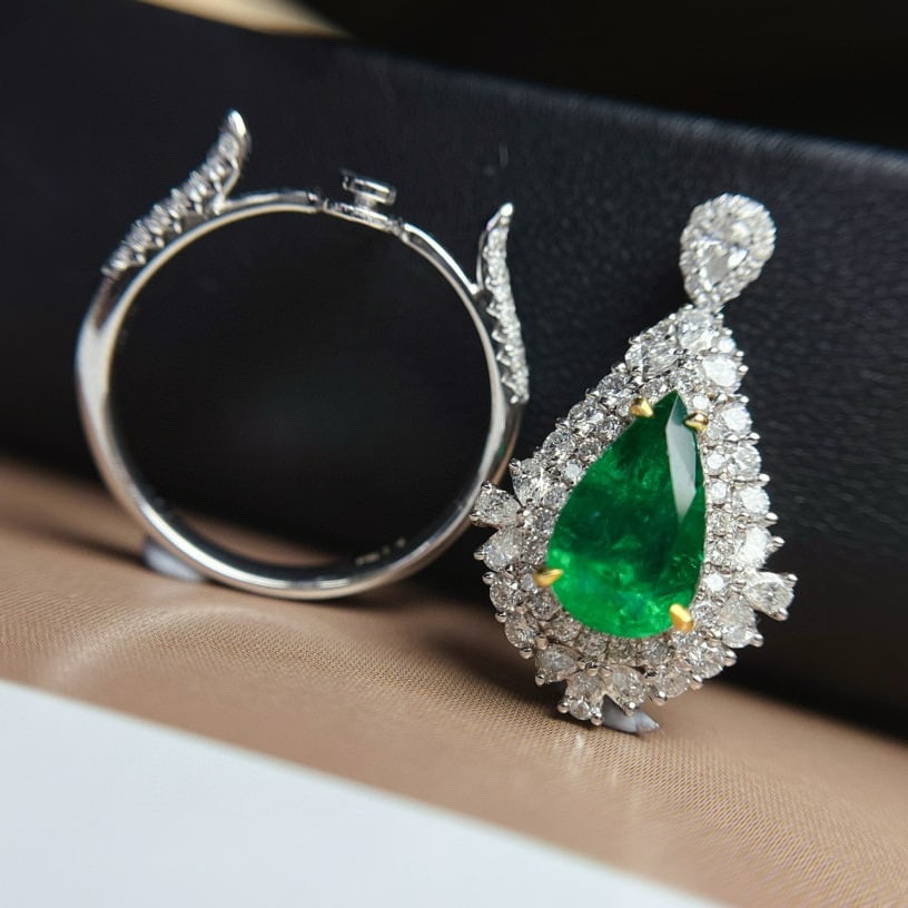 14k Gold 1.70 Ct Vivid Green Natural Emerald & Diamond Ring/pendant( Without Chain ) - 8